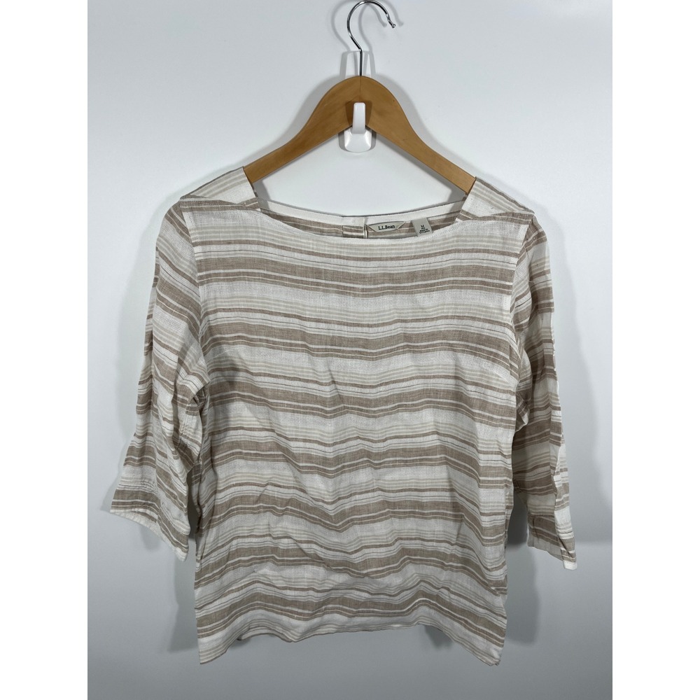LL Bean Womens 100% Linen Pop Over Top M Beige Resort Euro Summer Lightweight
